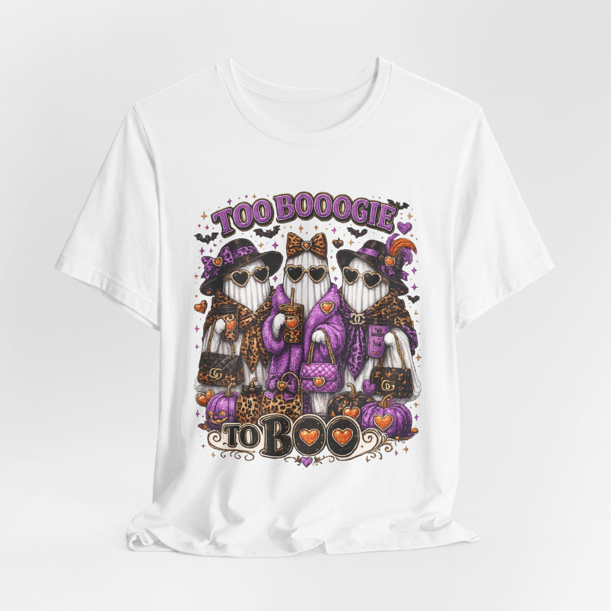 Too Booogie to Boo Halloween Ghost T-Shirt – Purple & Orange Glam Spooky Tee