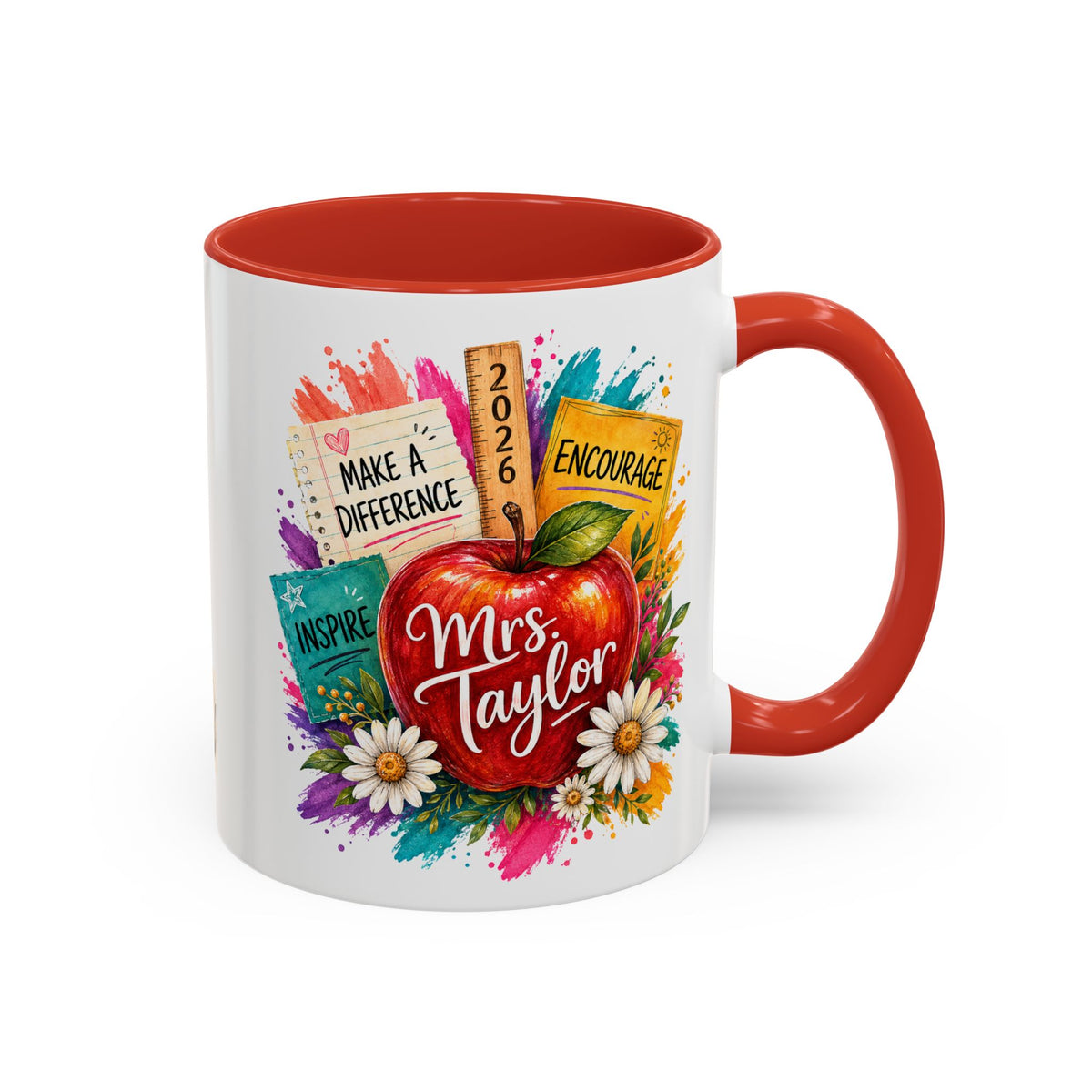 Teacher Coffee Mug — Personalized "Mrs. Taylor" Apple Design (Inspire, Encourage, Make a Difference)