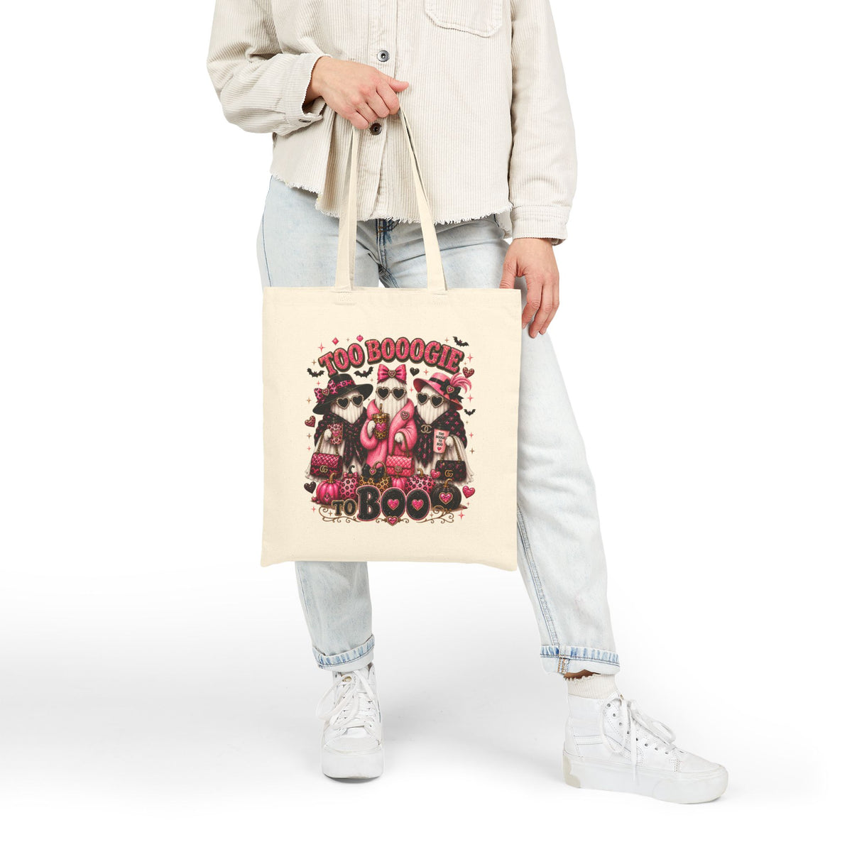 Too BOOOGIE to BOO Halloween Tote Bag | Pink Ghost Canvas Bag