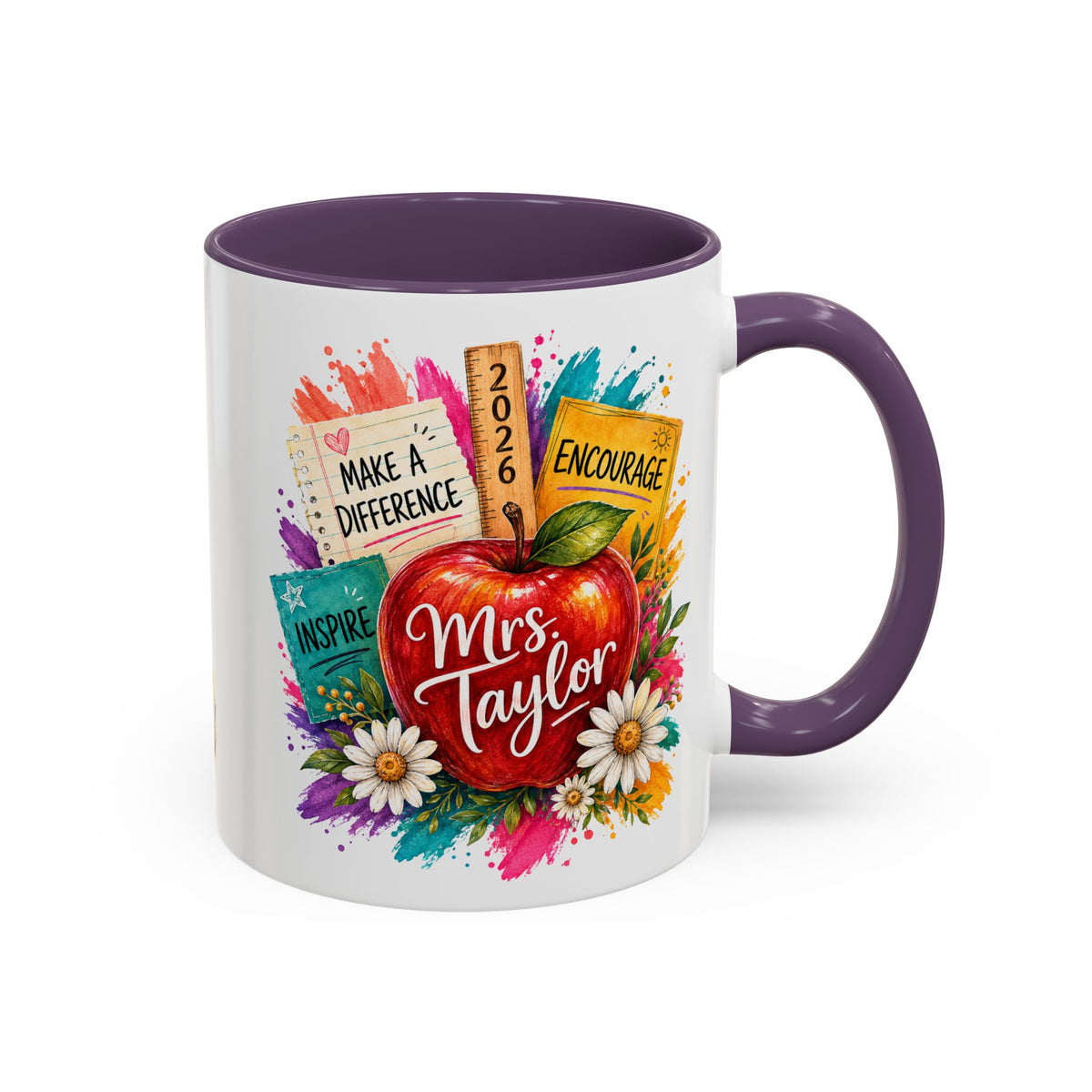 Teacher Coffee Mug — Personalized "Mrs. Taylor" Apple Design (Inspire, Encourage, Make a Difference)