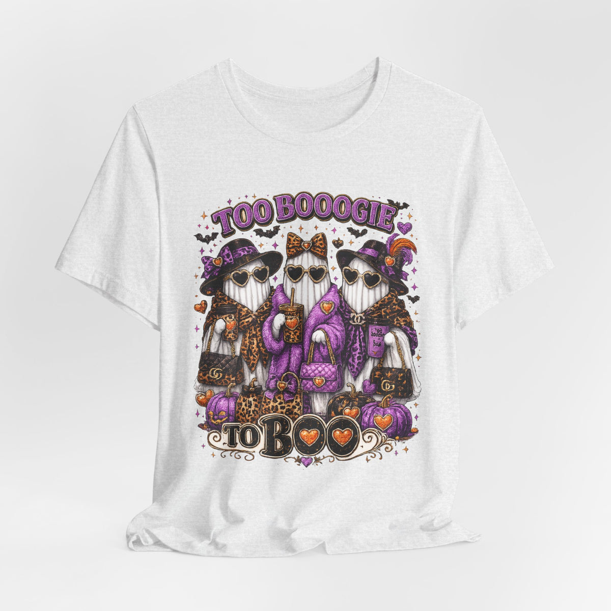 Too Booogie to Boo Halloween Ghost T-Shirt – Purple & Orange Glam Spooky Tee
