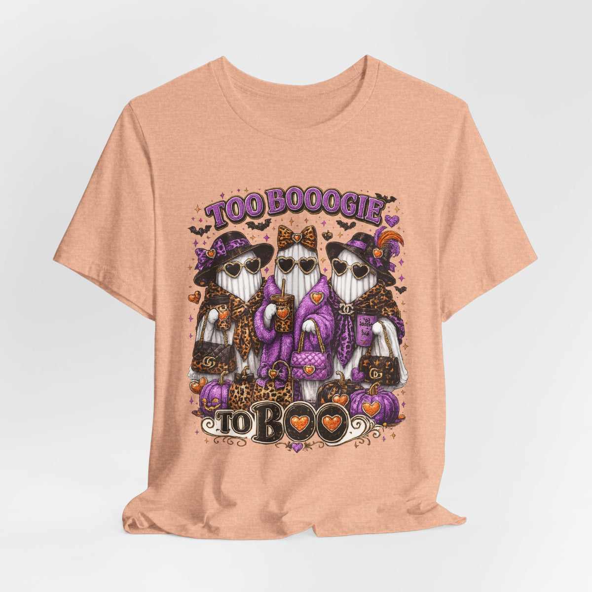 Too Booogie to Boo Halloween Ghost T-Shirt – Purple & Orange Glam Spooky Tee
